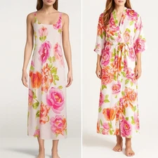 Natori South Pacific Floral Robe & Slip Nightgown Set Pink Orange Ivory Size S M