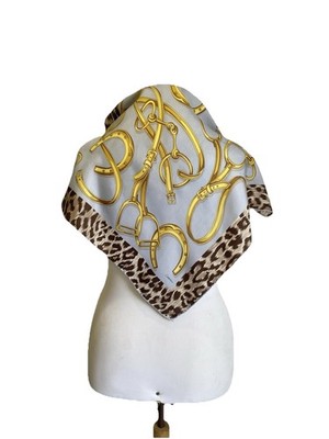 Codello Blue Silk Scarf Gold Horsebit Equestrian Leopard Print Square #A124