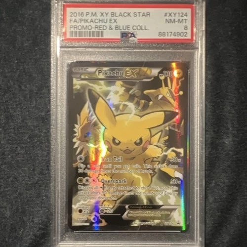 Pokémon 2016 Pikachu EX XY124 Full Art Holo Promo PSA 8 Red & Blue Collection