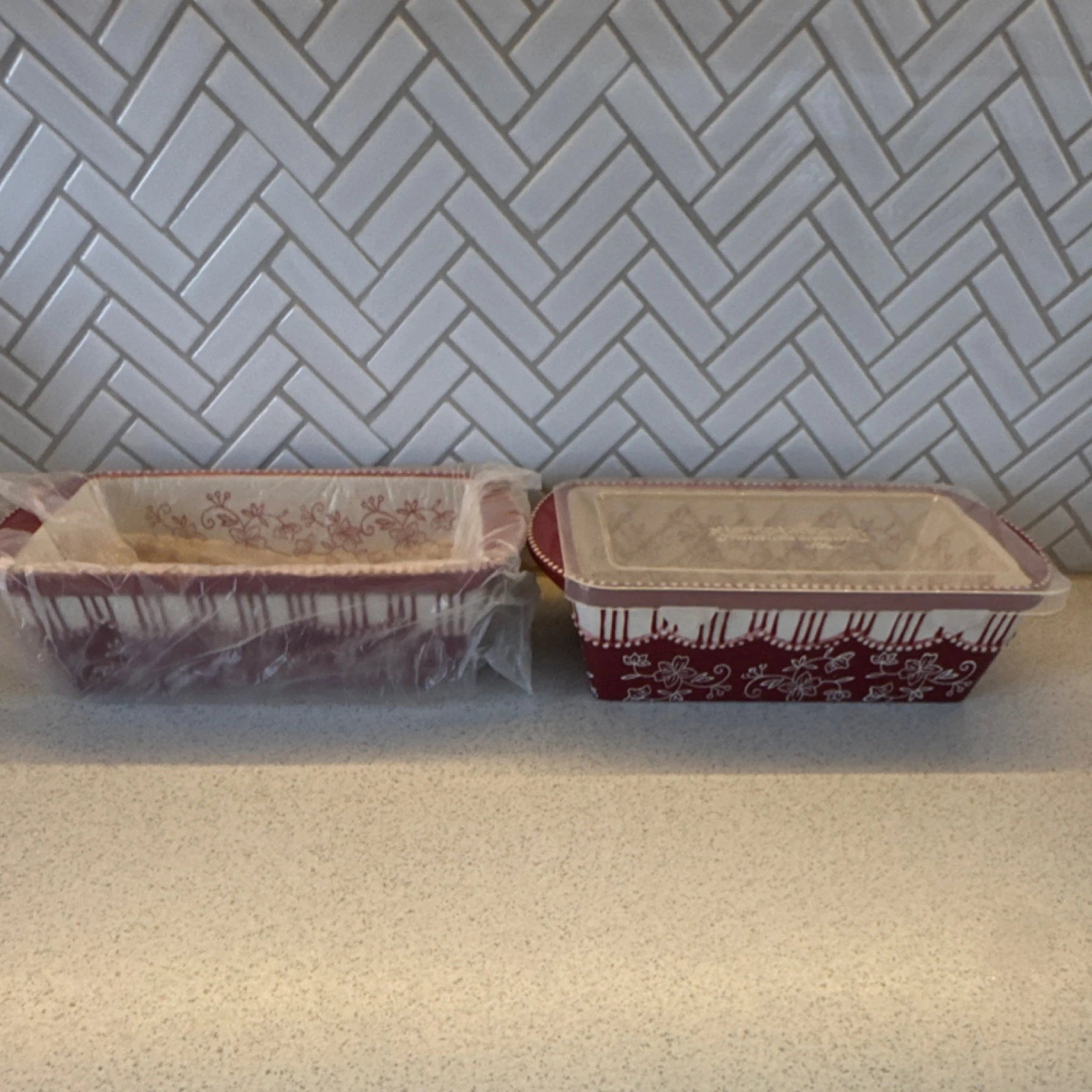 Temp-tations Ceramic Red White Floral Lace Rectangular Loaf Pan Set of 2