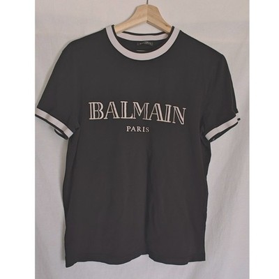 Balmain Ringer Tee Crew Neck Short Sleeve Black White Logo Medium M Cotton