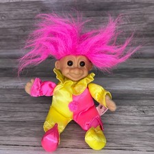 Russ Troll Jester Clown Doll Plush Pink Hair 90s Vintage y2k Yellow