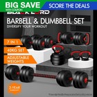 BLACK LORD 40kg Dumbbell Set 7in1 Adjustable Barbell Kettlebell Home Gym Fitness