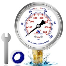 Manómetro lleno de líquido 0-100 PSI, montaje inferior NPT de 1/4", esfera de 2,5"