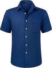 Men's Button Down Dress Shirt Short Sleeve V-Neck B-navy Blue Cotton Blend Mens