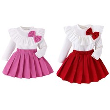 Little Girls Dress Clothes Sets Long Sleeve Shirt Top 2pcs Pleated A Line Skirt