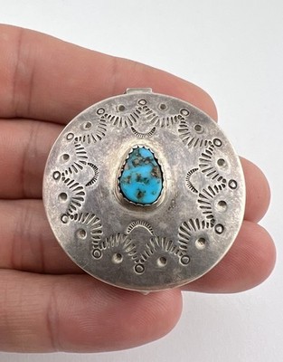 VTG FRED HARVEY ERA NAVAJO BLUE TURQUOISE STERLING SILVER STAMPED ROUND PILL BOX