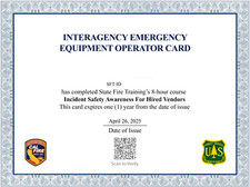 CALIFORNIA FIRE TRAINING EQUIPMENT OPERATOR CARD DIPLOMA WALLET CARD