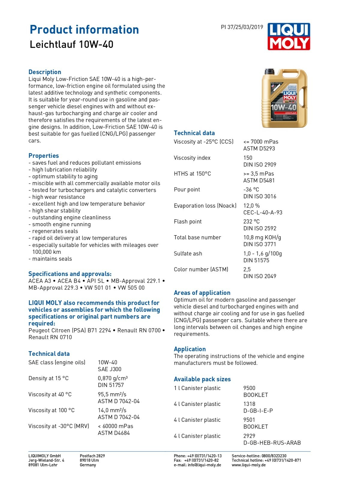 5l 9502 Liqui Moly 10w-40 Engine Oil Smooth Running ACEA A3 B4 API 