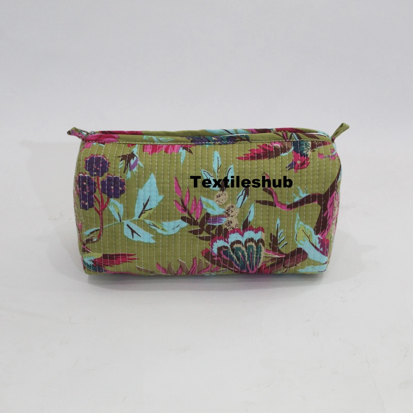 Indian Green Bird Cotton Quilted Toiletry Purse Cosmetic Storage Bag Of 3 Pc Set
