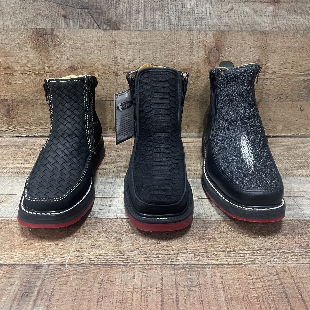 Men's Zip-Up Work Boots Leather Black with Red sole Square