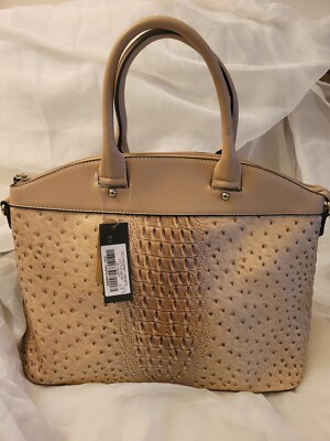 Put It All in Here Vegan Leather Large Ostrich Print Tote Fashion Handbag Taupe 