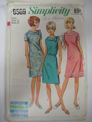 Vintage 1960's Simplicity 6509 A-LINE DRESS w/ COLLAR TIE Sewing Pattern Women