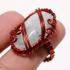 Rainbow Moonstone Gemstone Copper Ring Handcrafted Wire Wrap Jewelry 8.75" B210