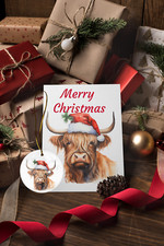 Christmas Card w/ Ornament gift box of 6 Highland Cow scene farm theme 5x7