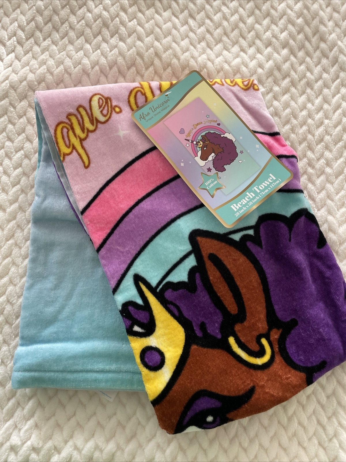 Afro Unicorn beach Pool Towel, 100%Cotton Kids Girls/Youth 28x58 Multicolor