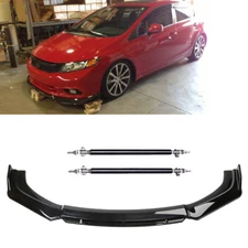 Gloss Black Front Bumper Lip Splitter Spoiler Strut Rod For Honda Civic Body Kit