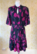 REISS navy pink feather print MARSALI dress UK 10 WORN ONCE frill sleeves & hem