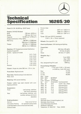Mercedes Benz 1626S/30 Technical Specification Brochure 1975 Lorry Truck 7390F