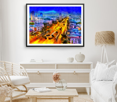 Cityscape Print, Nighttime Wall Art, City Framed Vector Wall Art, Oil Painting