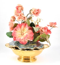 VTG Pink Flower Arrangement Centerpiece Italy Turquoise Gold Ceramic Dishes 14"
