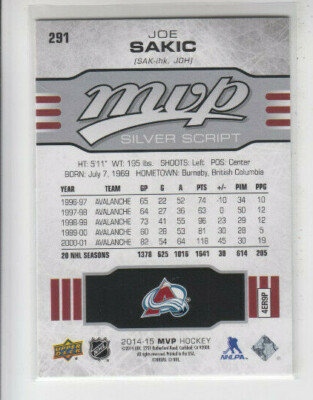 14/15 UD MVP Colorado Avalanche Joe Sakic Silver Script card #291