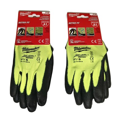 Two Pairs of Milwaukee Hi-Vis A1 Cut Level 1 Dipped Work Gloves - S M L XL & XXL