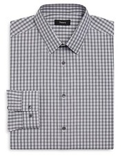 Theory Men's Black Multi Plaid Blurred-Grid Slim Fit Dress Shirt, 17R, 3373-8