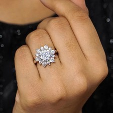 925 Silver Simulated Round 2.10Ct Flower Shape Engagement Ring White Gold Plated