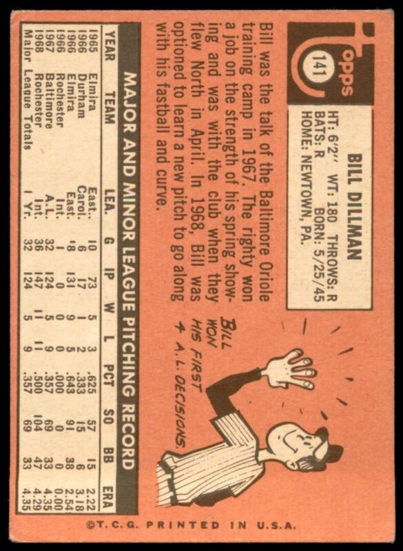 1969 TOPPS BILL DILLMAN 141 VG BASEBALL BALTIMORE ORIOLES