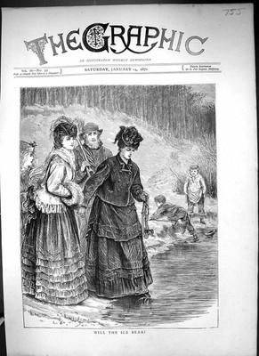 Original alter antiker Druck 1871 Frozen Teich Eislaufen Frauen Kinder 19.