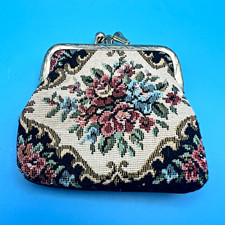 Vintage Floral Tapestry Kiss Lock Coin Purse, Black Back, Fabric  Metal