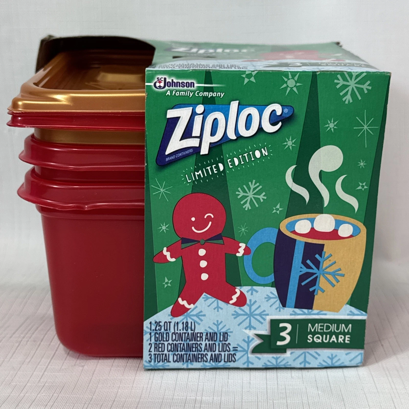 Ziploc Limited Edition Holiday Three Medium Square Container Containers Red Gold