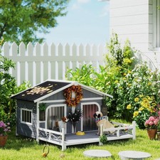 Wooden Large Dog House, Perfect for the Porch or Deck, 59" L, Grey