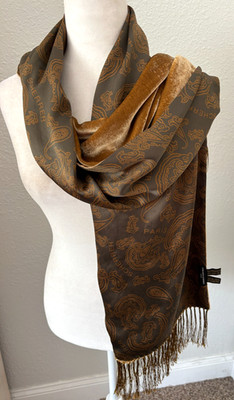 17X91 JEAN LOUIS SCHERRER PARIS Paisley SILK Shawl SCARF Velvet WRAP Green Franc