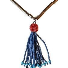 Vintage Native American Beaded Tassel Necklace Blue Disks Glass Brass Wrapped