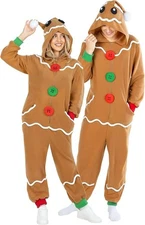 Adult Gingerbread Man Costume Men`s Women`s One Piece Christmas Jumpsuit S - XXL
