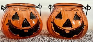 2 X PORTACANDELE ZUCCA HALLOWEEN/LANTERNE/LUCI/VETRO/APPESO/ARANCIONE