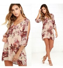 Lulus Shifting Dears Beige Floral Print Dress Size XS Cold Shoulder Split Sleeve