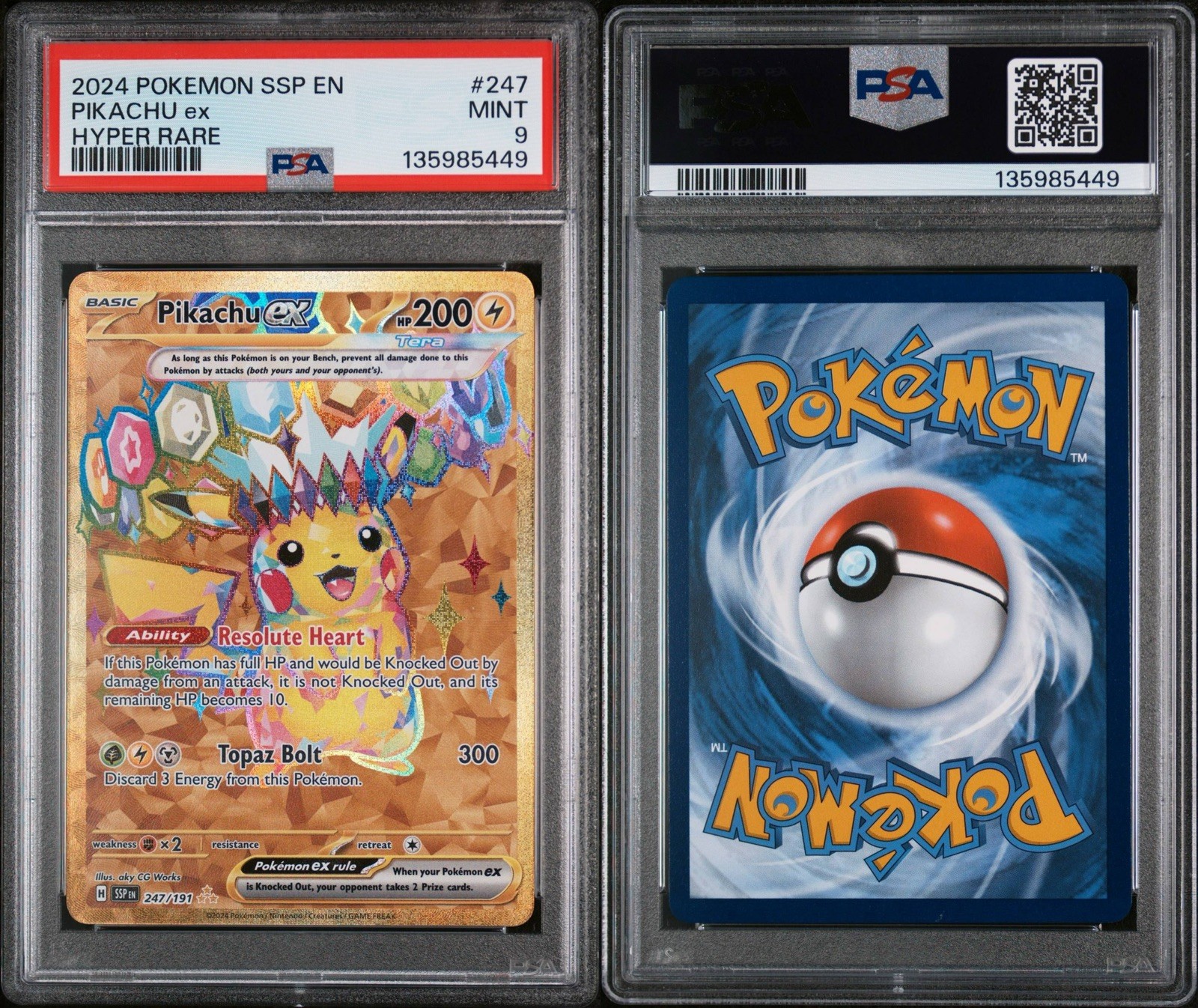 2024 Pokemon SV Surging Sparks Pikachu EX 247/191 Full Art Hyper Rare PSA 9 Mint