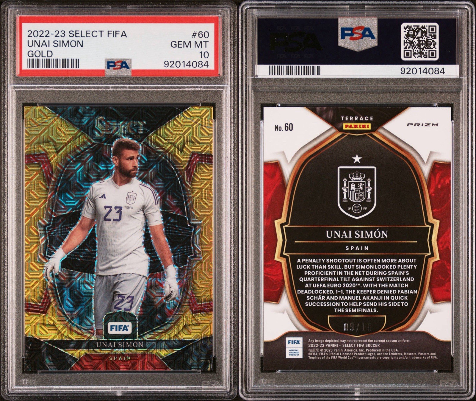 2022-23 Panini Select FIFA Soccer Gold Prizm #60 Unai Simon Spain SSP /10 PSA 10