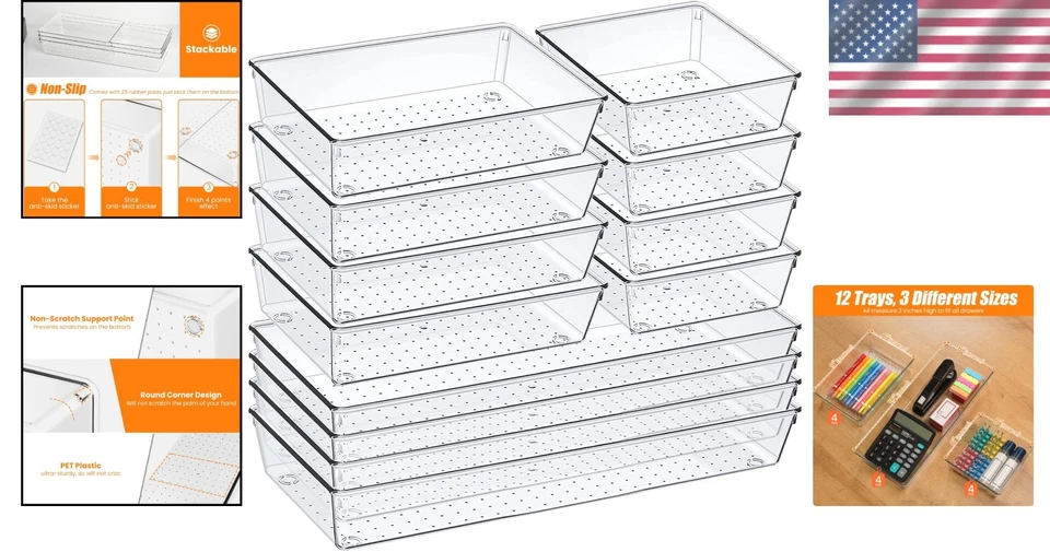 Stackable Clear Plastic Drawer Organizers - 12 Large Trays for Custom Storage - Image 2 of 4