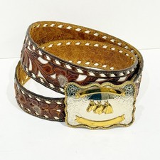 Vintage Western Tooled Leather Belt German Silver Horse Buckle Brown Size 36