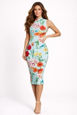 Alice + Olivia Delora Greenwich Garden Mock Neck Floral Bodycon Midi Dress Sz 2