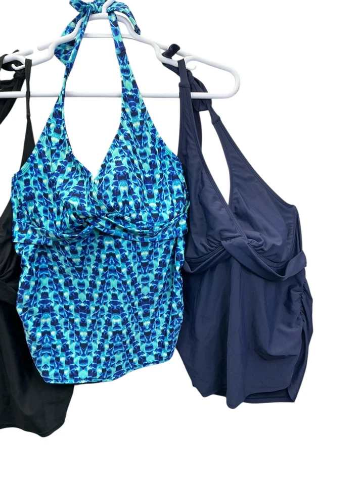 Athleta Tankini Top Royal Blue Halter Ruched Stretch Swim Top Sz. 36D/DD 3 Tops - Image 3 of 4