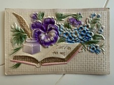 Flowers Ink Book Heavy Embossing Antique Birthday Postcard