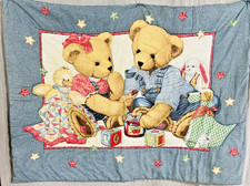 Vintage Blue Jean Teddy Bear Quilted Nursery Crib Baby Blanket HTF 42" X 31"