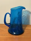 Vintage Blenko Dark Blue Crackle Glass  9” Pitcher, MCM. Hand Blown. Gorgeous