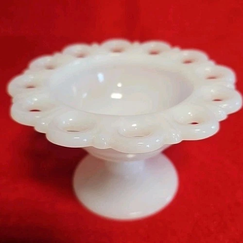 Vintage Anchor Hocking Milk Glass Lace Edge Pedestal Candy Dish Compote 5” Wide