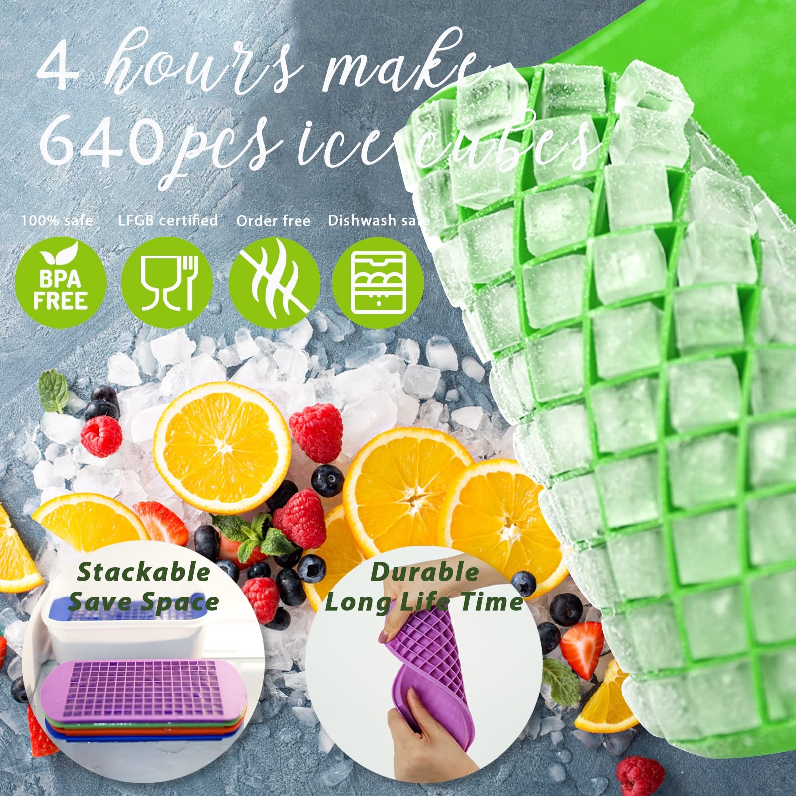 Mini Ice Cube Trays for Freezer with Bin and Scoop, Cube, Multicolor 
